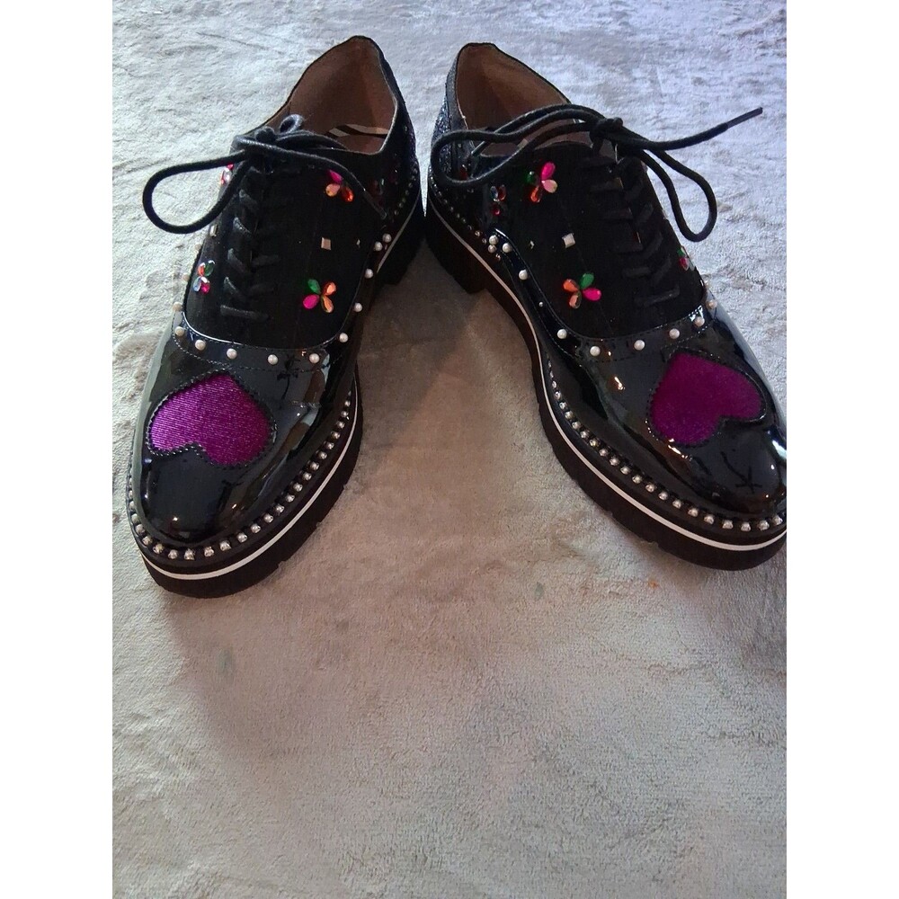 Betsey Johnson Black LaceUp Flats Heart Floral Studded & Glitter Accents Sz 10M - Picture 6 of 8
